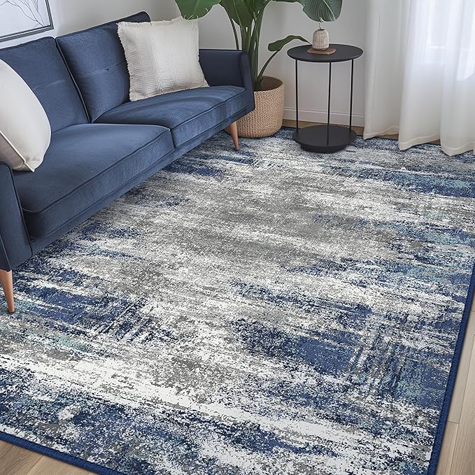 Bavni Area Rugs 9x12 Living Room, Modern Machine Washable Rugs Non-Slip, Abstract Soft Large Rug for Bedroom, Dining Room, Office, Playroom, Blue/Ivory