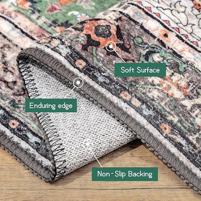 2x8 Runner Rug Green Boho Area Rugs for Hallway Indoor Laundry Room Bathroom Lightweight Non Slip Vintage Rug Washable Retro Distressed Carpet