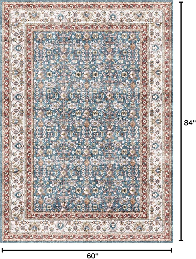 Dripex 5x7 Area Rugs, Machine Washable Non Slip Distressed Boho Rugs, No Pile Lightweight Vintage Rug, Floor Carpet for Living Room,Dining Room,Bedroom and Office,Blue and Red