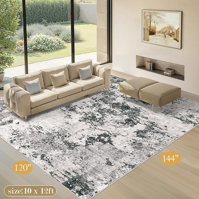 Area Rugs for Living Room: 10x12 Abstract Washable Rug Large Soft Stain Resistant Non-Slip Backing for Bedroom Dining Room Indoor Home Office Carpet for Kids Pet Friendly Families - Dark Grey