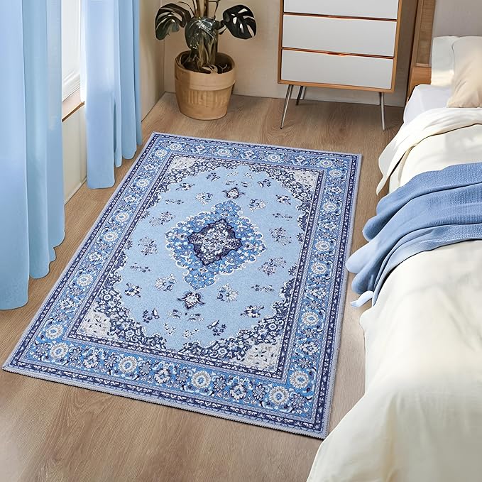 Tepook 2x3 Vintage Washable Rug - Non-Slip Low-Pile Door Mat for Entryway, Kitchen, Bedroom, Bathroom, Foyer - Indoor Throw Rug in Blue