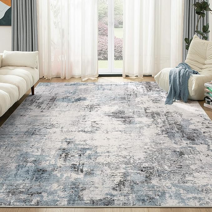 Washable Rug 5x7 Area Rugs for Living Room: Modern Abstract Neutral Soft Rug for Bedroom Dining Room Under Kitchen Table Home Office Decor - Grey Blue