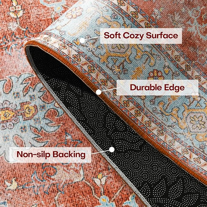 YJ.GWL Area Rug 2x6, Machine Washable Hallway Runner Rug, Boho Floral Vintage Distress Print Pattern Carpet, Low Pile Lightweight Thin Rugs for Entryway, Kitchen and Corridor, Brick