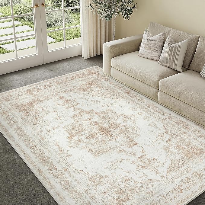 Area Rug 4x6 Washable Beige Rug Vintage Boho Medallion Entryway Door Mat Distressed Retro Carpet Non Slip Low Pile Small Soft for Office Kitchen Bedroom Laundry Bathroom Hallway