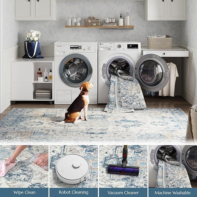jinchan Runner Rug 2x10-2pcs Hallway Rug Kitchen Washable Runner Vintage Mat Retro Lightweight Non-Slip Floor Cover Distressed Thin Carpet for Entryway Bathroom Bedroom Laundry Room Stairway Blue
