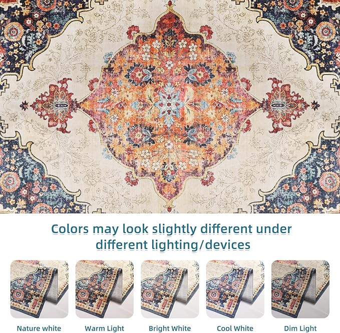Dripex 8x10 Area Rugs, Machine Washable Non Slip Distressed Boho Rugs,Large Area Rug for Bedroom Aesthetic, No Pile Lightweight Vintage Rug, Carpet for Living Room Dining Room Apartment Den,Multi