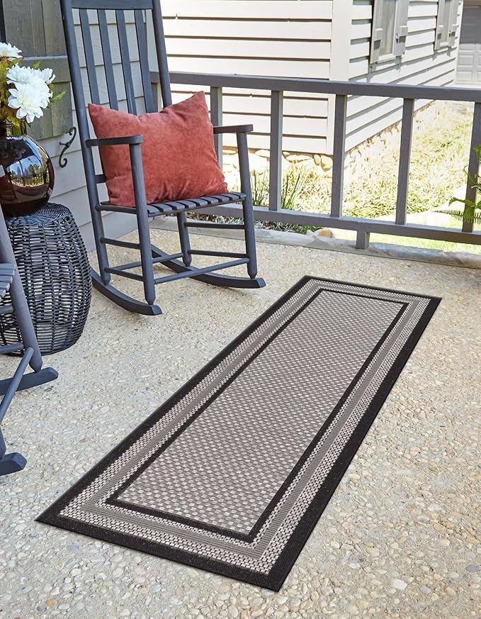 Unique Loom Outdoor Border Collection Area Rug - Multi Border (2' 2" x 6' 1" Runner, Gray/ Black)