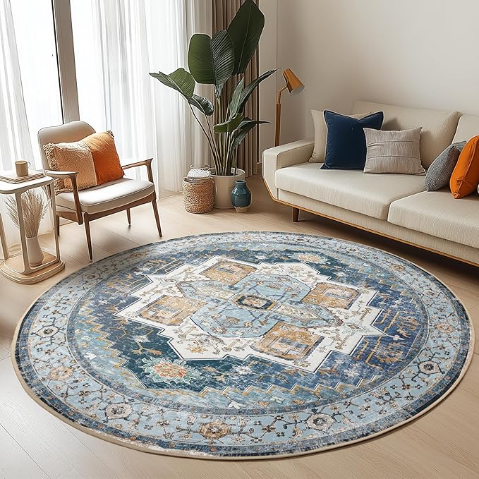 Washable 8ft Area Rugs, Rugs for Living Room, Low-Pile Water&Stain Resistant Carpet Vintage Distressed Printed Non-Slip Carpet for Bedroom Bathroom Kitchen-Sky Blue