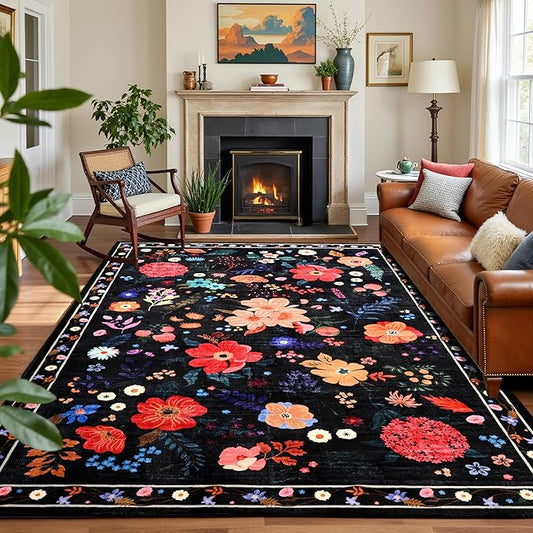 5x7 Black Floral Rug for Girls Bedroom, Machine Washable Area Rugs with Non Slip Backingfor Living Room, Cute Flowers Carpet Kitchen Dining Room Kids Playroom Decor