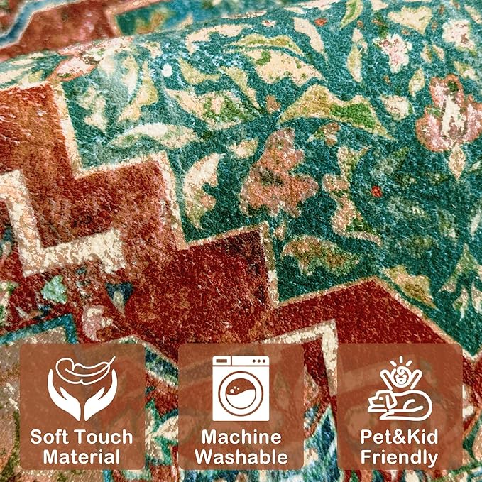 Washable Area Rug 2x3 Boho Entryway Rug Non Slip Small Vintage Rug for Entryway Door Mat Oriental Distressed Low-Pile Teal Rust Floor Carpet for Indoor Front Entrance Kitchen Bathroom Hallway