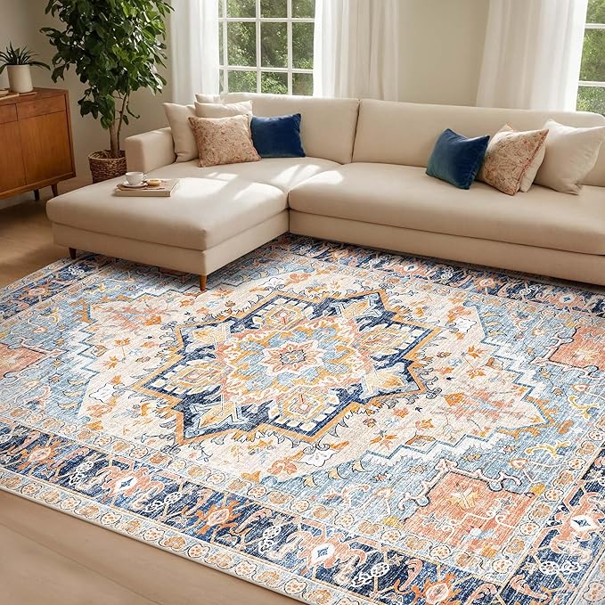 Washable Area Rugs 9x12 Living Room Boho Non Slip Thin Carpet Stain Resistant Vintage Multicolor Printed Oriental Foldable Distressed Rug for Bedroom Indoor House