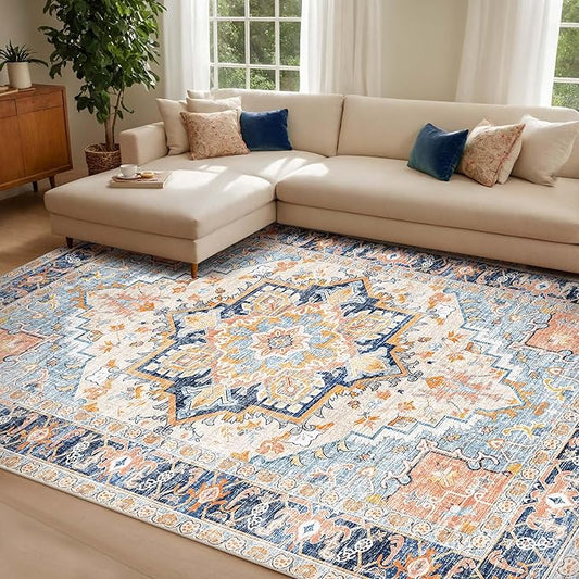 Washable Area Rugs 9x12 Living Room Boho Non Slip Thin Carpet Stain Resistant Vintage Multicolor Printed Oriental Foldable Distressed Rug for Bedroom Indoor House