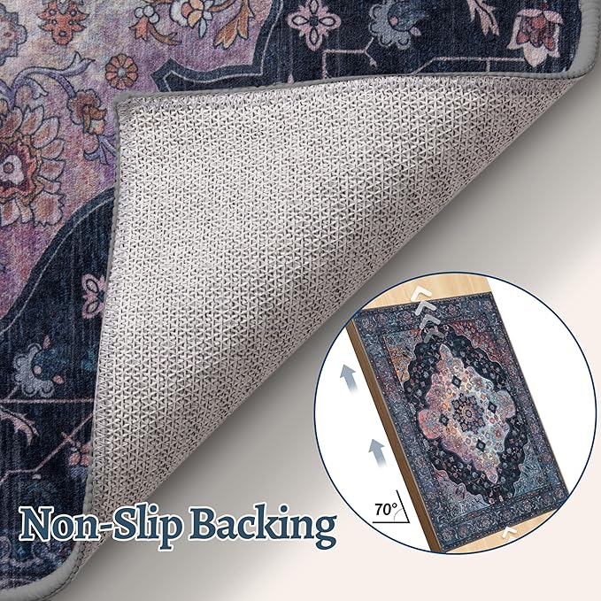 2.6x8 Washable Runner Rug for Hallways, Non Slip Vintage Runner, Soft Low Pile Long Rug Runner, Print Distressed Navy Carpet Runners for Kitchen Bedroom Entryway Bathroom Living Room