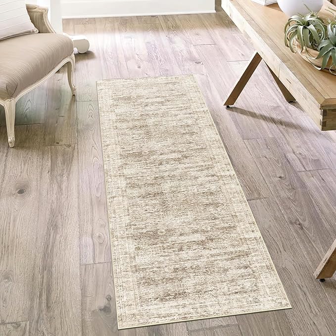 Washable Runner Rug, 2'6" x 8' Non-Slip Kitchen Vintage Foldable Hallway Runners for Entryway, Laundry, Bedroom, Brown