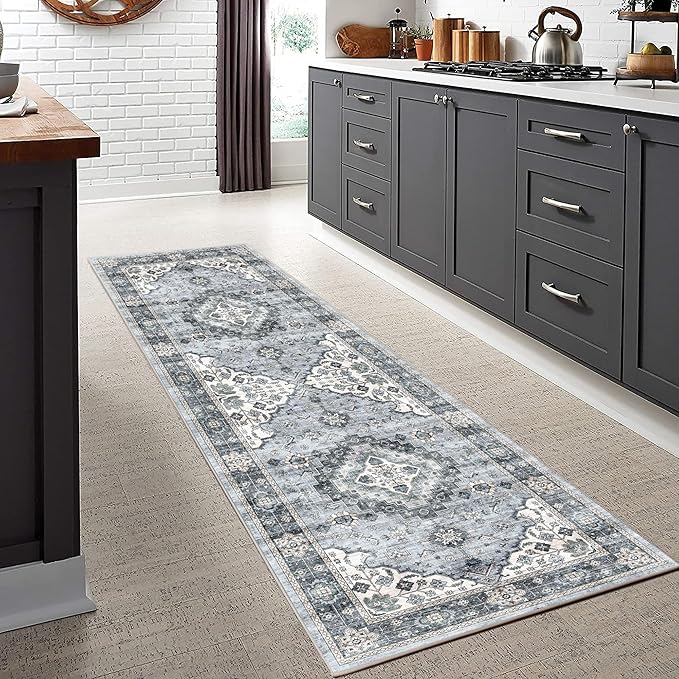 2x6 Runner Rug, Ultra-Thin Bathroom Rug, Blue Low Pile Laundry Room Mat, Machine Washable Boho Rug for Hallways Entryway Kitchen Bedside Camper