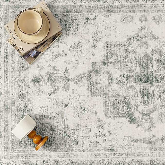 Washable Rug 9x12 Area Rug for Living Room Gray Vintage Boho Medallion Large Grey Distressed Retro Carpet Non Slip Indoor Low Pile Small Soft Bedroom Dining Room Home Office