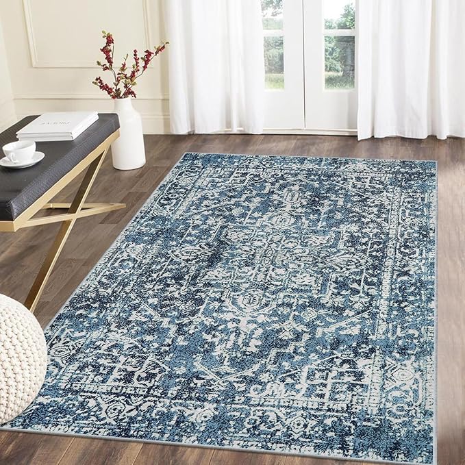 Morebes Boho 4x6 Rug for Living Room, Stain Resistant Washable Area Rug for Bedroom Non Slip Entryway Rug, Vintage Medallion Low Pile Soft Carpet for Bathroom Kitchen Dining Room, Deep Blue