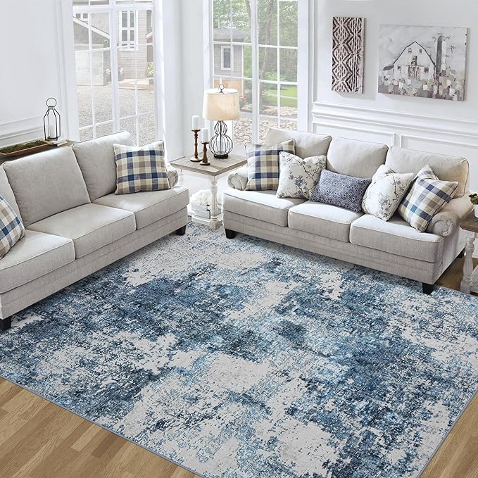Washable Rug 6x9 Area Rugs: Soft Large Living Room Rug with Anti-Slip Backing Non-Shedding Stain-Resistant Modern Abstract Carpet for Bedroom Dining Room Nursery Home Office-Blue
