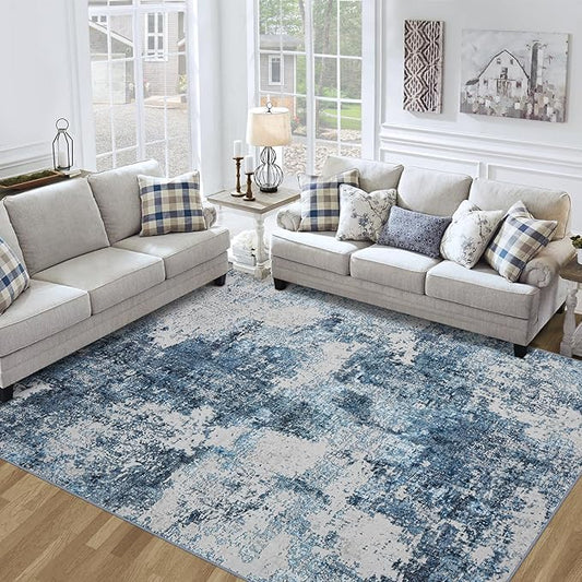 10x14 Area Rugs Living Room Rugs: Large Washable Rug with Anti-Slip Backing Non-Shedding Stain-Resistant Soft Abstract Carpet for Bedroom Dining Room Nursery Home Office- Blue