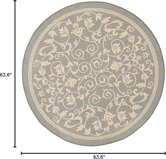 SAFAVIEH Courtyard Collection Area Rug - 5'3" Round, Grey & Natural, Scroll Design, Non-Shedding & Easy Care, Indoor/Outdoor & Washable-Ideal for Patio, Backyard, Mudroom (CY2098-3606)