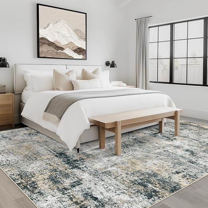 10x14 Area Rugs Living Room Rugs: Large Washable Rug with Anti-Slip Backing Non-Shedding Stain-Resistant Soft Abstract Carpet for Bedroom Dining Room Nursery Home Office Black Grey Brown
