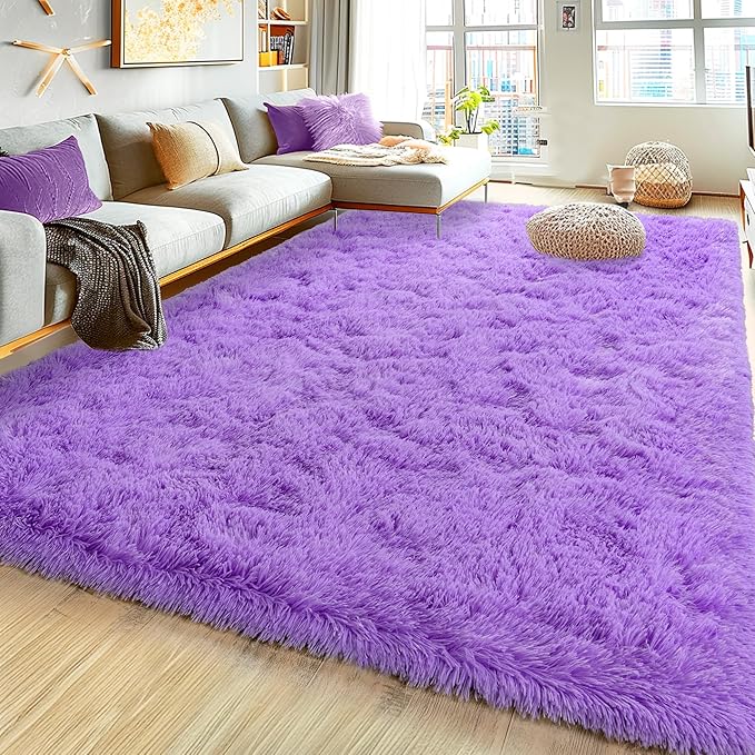 Ultra Fluffy Area Rugs for Living Room Bedroom, 6x9 Fuzzy Large Living Room Rugs, Thick Shag Rug for Dorm, Soft Non Slip Kids Girls Boys Rug for Home Decor Aesthetic, Purple
