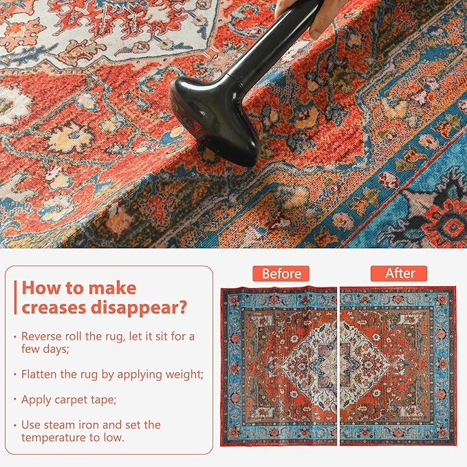 YJ.GWL Area Rug for Living Room, 4x6 Machine Washable Boho Rug for Bedroom, Low Pile Lightweight Thin Rugs Floral Vintage Distress Print Pattern Carpet for Dining Room, Red/Blue