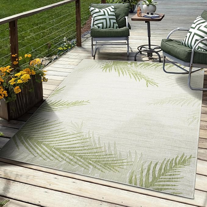 LR Home 5 x 7 Indoor/Outdoor Area Rug for Home Decor | Coastal Palm Leaf Carpet for Living Room, Bedroom, playroom, Patio, Garden | Modern Farmhouse Rug | Green/Beige