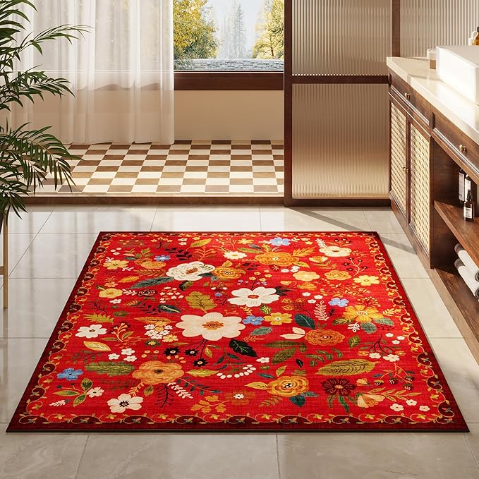 Bedroom Rug 3x5 Rug Washable Area Rug Non Slip Low Pile Boho Floral Small Carpet for Bedroom, Bedside, Kitchen, Entryway, Kids Room, Office, College Dorm Essentials for Girls(Red)