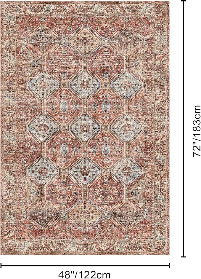 Bavni 4x6 Area Rugs for Living Room, Machine Washable Rug Non Slip, Vintage Chenille Distressed Print Carpet, Large Low Pile Ultra-Thin Lightweight Rugs for Bedroom, Dining Room, Office, Spice Sky