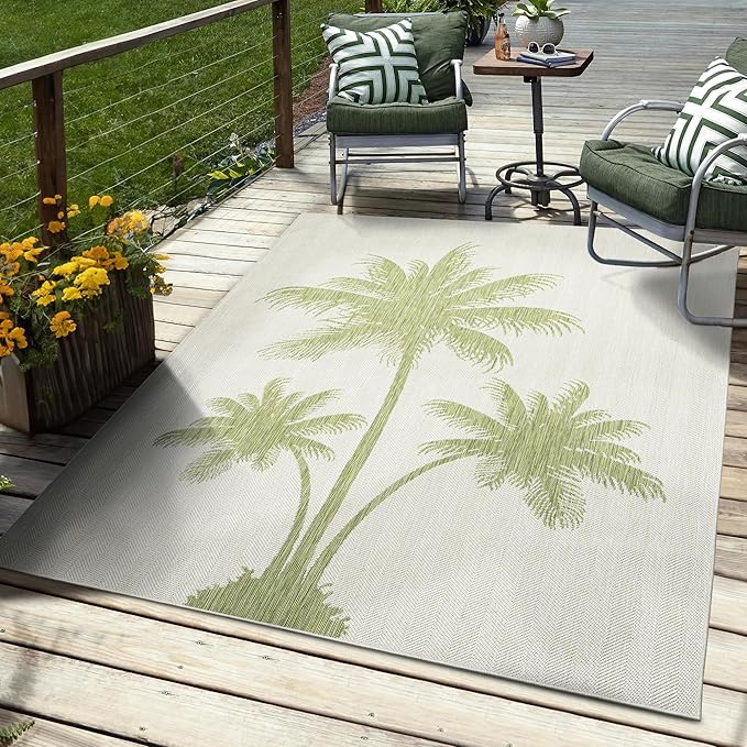 LR Home 5 x 7 Indoor / Outdoor Area Rug for Home Decor | Coastal Palm Tree large size carpet for living room, bedroom, playroom, patio, garden | Modern farmhouse rug | Beige / Dark Green