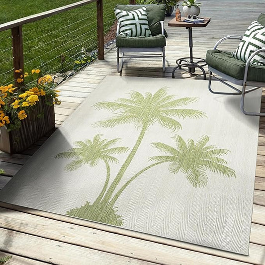 LR Home 5 x 7 Indoor / Outdoor Area Rug for Home Decor | Coastal Palm Tree large size carpet for living room, bedroom, playroom, patio, garden | Modern farmhouse rug | Beige / Dark Green