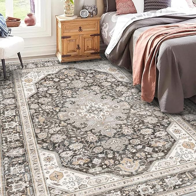 Washable Area Rug - 6x9 Bedroom Living Room Large Indoor Rugs Soft Oriental Vintage Rugs Non-Slip Backing Stain Resistant for Farmhouse Kitchen (6x9 Black/Ivory)