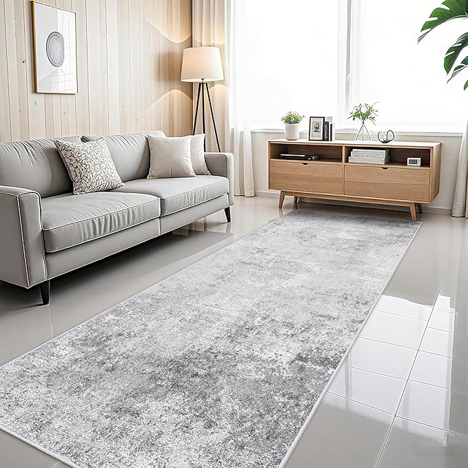 Washable Wide 4x12 Runner Rug - Abstract Runner Rugs for Living Room Stain Resistant Entryway Indoor Carpet for Kitchen Bedroom Non Slip Rubber Backing Ultra Thin Soft Home Decor Floor Mat 4x12 Grey