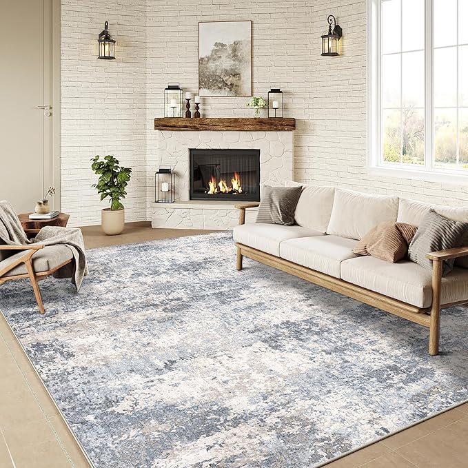 5x7 Washable Rugs Hallway Area Rug Blue Abstract Non Slip Low Pile Carpet for Bedroom Living Room Office Dining Room Kitchen Laundry Room