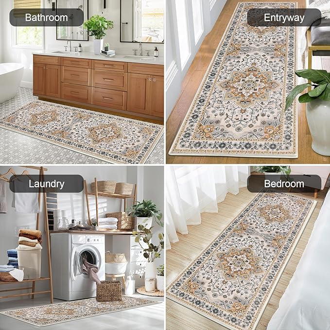HEBE Hallway Runner Rug 2'x6' Washable Vintage Distressed Area Rugs Non Slip Laundry Rug Runner Boho Floor Carpet Runners for Hallways Entryway Laundry Room Kitchen Bathroom