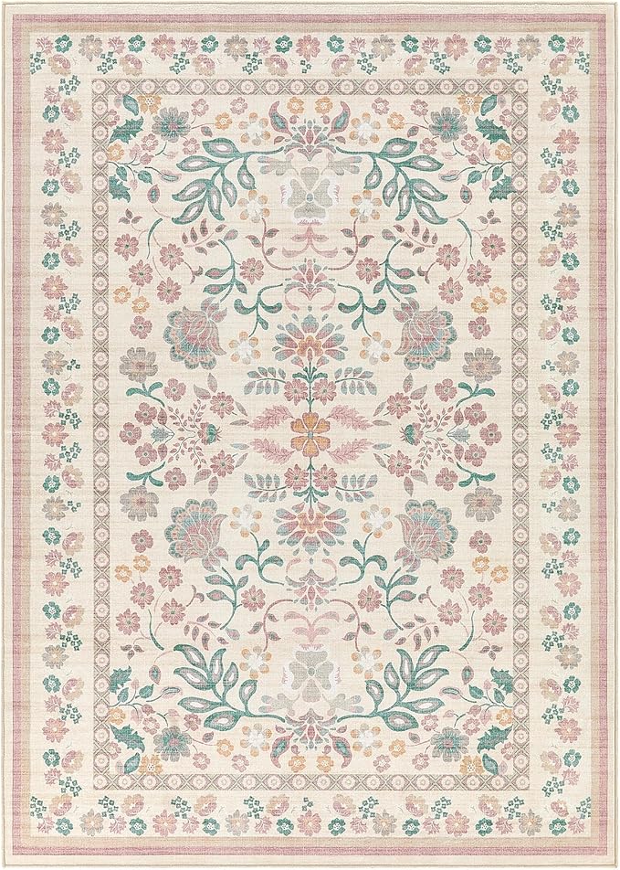 10x14 Area Rug Living Room Rugs - Washable Boho Vintage Floral Large Soft Non Slip Thin Rug Low Pile Carpet for Bedroom Dining Room Kids Playroom Office Decor Indoor- Pink