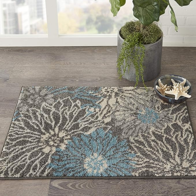 Nourison Passion Charcoal/Blue 1'10" x 2'10" Area Rug, Floral, Farmhouse, Easy Cleaning, Non Shedding, Bed Room, Living Room, Dining Room, Kitchen, (2' x 3')