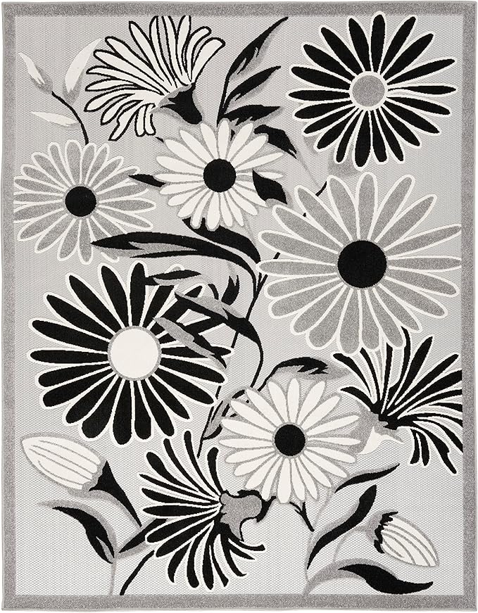 Nourison Aloha Indoor/Outdoor Black White 5'3" x 7'5" Area Rug, Easy Cleaning, Non Shedding, Bed Room, Living Room, Dining Room, Kitchen (5x7)