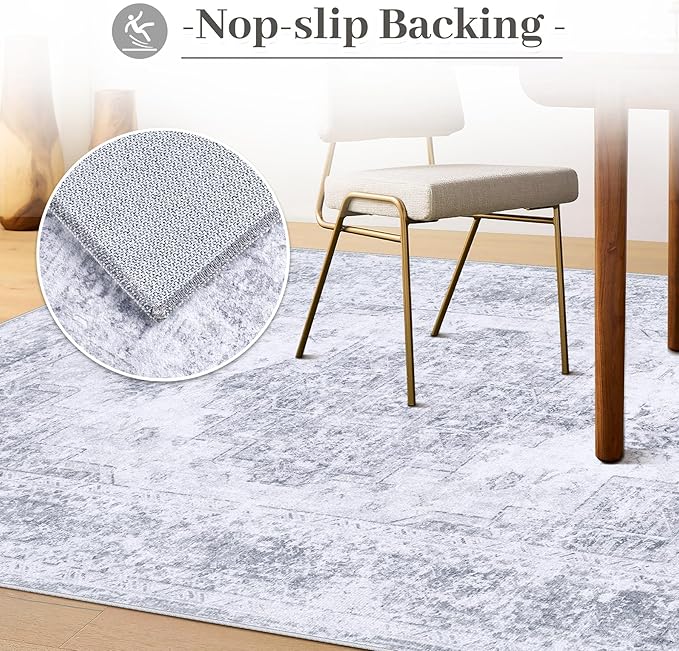 Runner Rug 2x6 Vintage Rug, Machine Washable Kitchen Runner Retro Medallion Distressed Rug Non-Slip Soft Low Pile Hallway Rug for Entryway Bedroom Bathroom Laundry(LightGrey,2'x6')