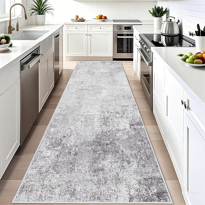 Washable Wide 4x12 Runner Rug - Abstract Runner Rugs for Living Room Stain Resistant Entryway Indoor Carpet for Kitchen Bedroom Non Slip Rubber Backing Ultra Thin Soft Home Decor Floor Mat 4x12 Grey