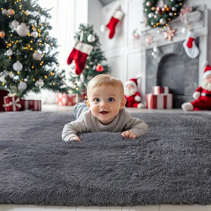 4x6 Grey Fluffy Shag Rug for Bedroom, Soft Plush Fuzzy Washable Non Slip Carpet for Living Room, Gray Modern Floor Cozy Furry Shaggy Throw Area Rugs for Kids Boys Baby Nursery Dorm Room
