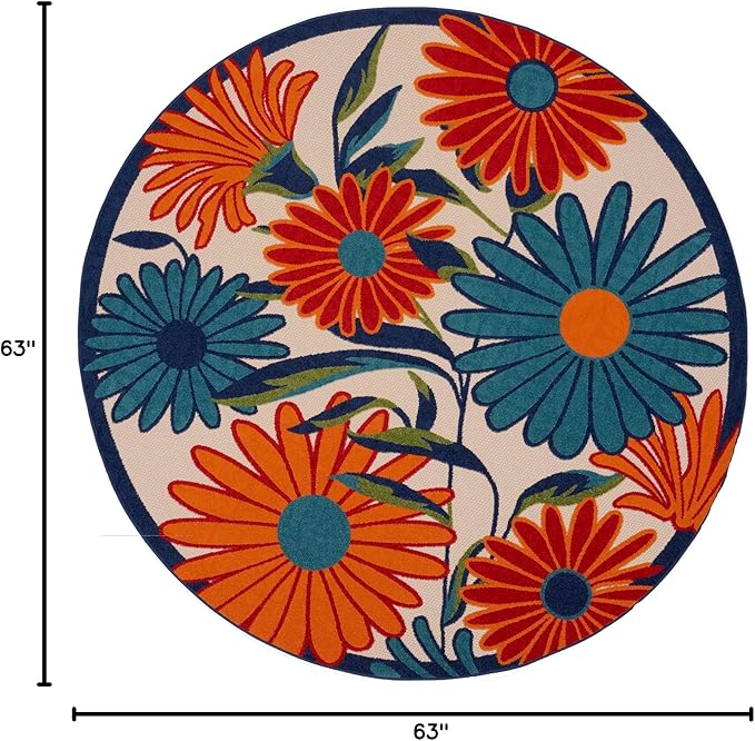 Nourison Aloha Outdoor Multicolor 5'3" x Round Area Rug, Easy Cleaning, Non Shedding, Bed Room, Living Room, Dining Room, Deck, Backyard, Patio (5 Round)