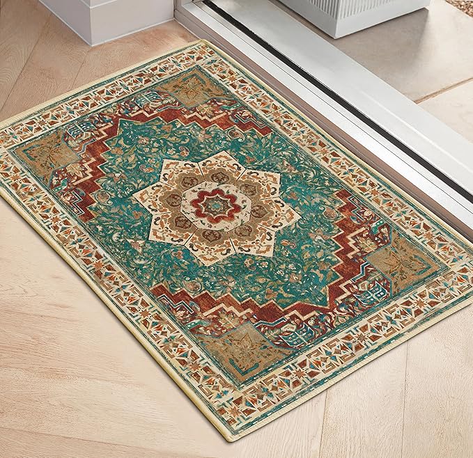 Washable Area Rug 2x3 Boho Entryway Rug Non Slip Small Vintage Rug for Entryway Door Mat Oriental Distressed Low-Pile Teal Rust Floor Carpet for Indoor Front Entrance Kitchen Bathroom Hallway