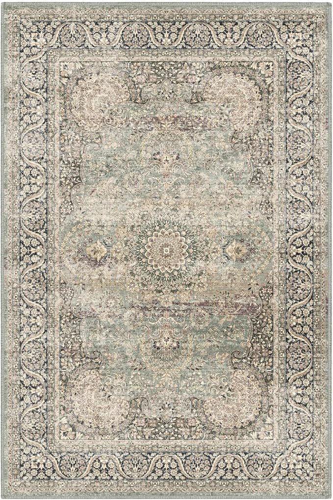 2x3 Washable Area Rug Indoor Entryway Vintage Rug Print Rug Low-Pile Floor Carpet for Indoor Front Entrance Kitchen Bathroom, Olive Charcoal