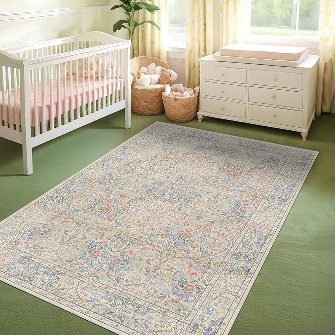 Vintage Washable Dark Green Area Rugs for Living Room, Bedroom, Dining Room, Kitchen, Entryway, Bathroom, Low Pile Non Slip Stain Resistance Distressed Retro Indoor (Beige Blue, 4' x 6')