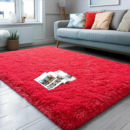 3x5 Area Rug for Bedroom, Red Rugs for Living Room Nursery Kids Room Dorm Home Decor Aesthetic, Fluffy Shaggy Rug with 4 Anti-Slip Carpet Tapes