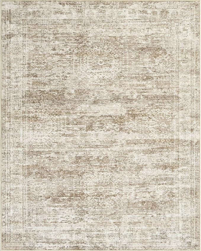 Washable Area Rug 8x10, Large Soft Rugs for Living Room Vintage Area Rugs for Bedroom Dining Room Non-Slip Stain Resistant Brown Rug Under Table Rug