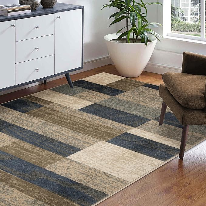 Superior Indoor Area Rug, Jute Backed, Modern Geometric Patchwork Floor Decor for Bedroom, Office, Living Room, Entryway, Hardwood Floors, Rockwood Collection, 8' x 10', Midnight Navy