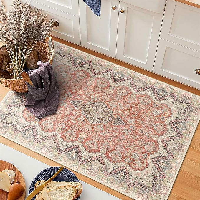 Small Rug 2x3 Boho Rugs for Entryway, Vintage Washable Area Rug for Bathroom Kitchen Bedroom, Non Slip Soft Accent Distressed Floor Throw Carpet, Red Grey